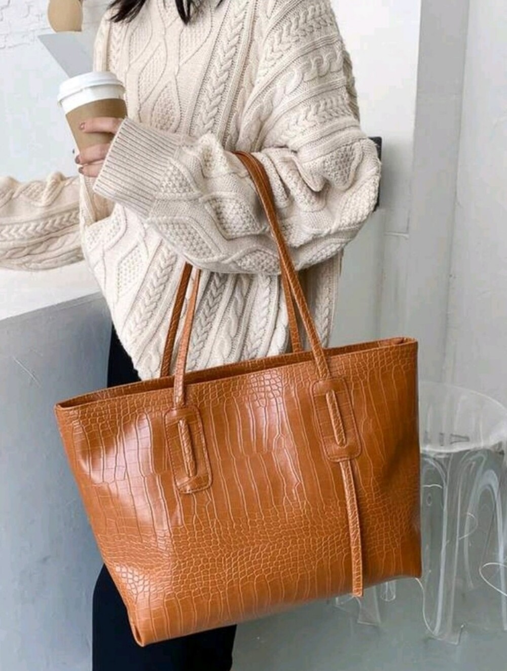 Large Croc-Embossed Tote Bag in Cognac
